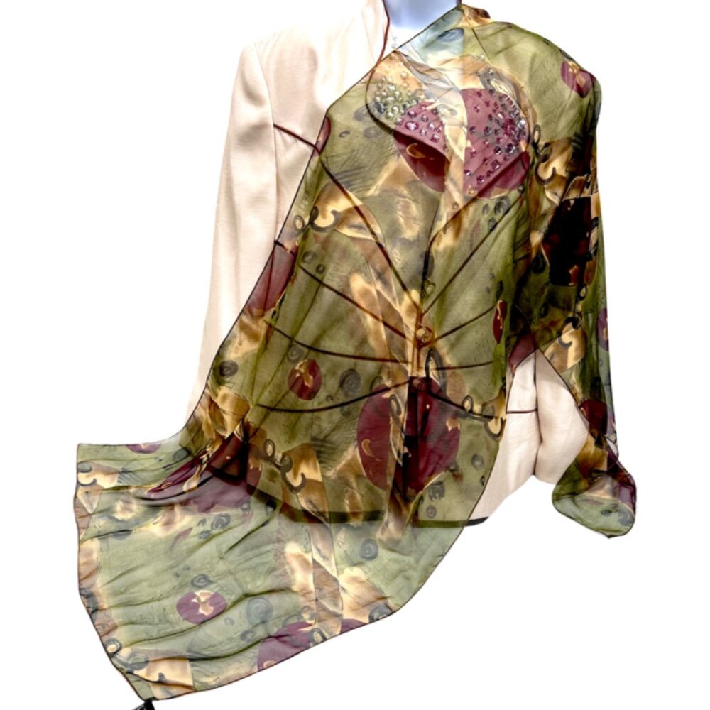 Vgt Caldiane Classic Italy Scarf sheer Chiffon Olive burgendy print 64" X 21 (28